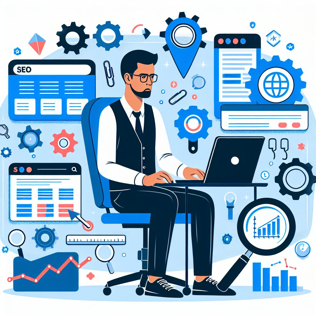 A man in business attire works on a laptop surrounded by icons representing SEO strategies, analytics, graphs, and digital tools in a blue-themed illustration.