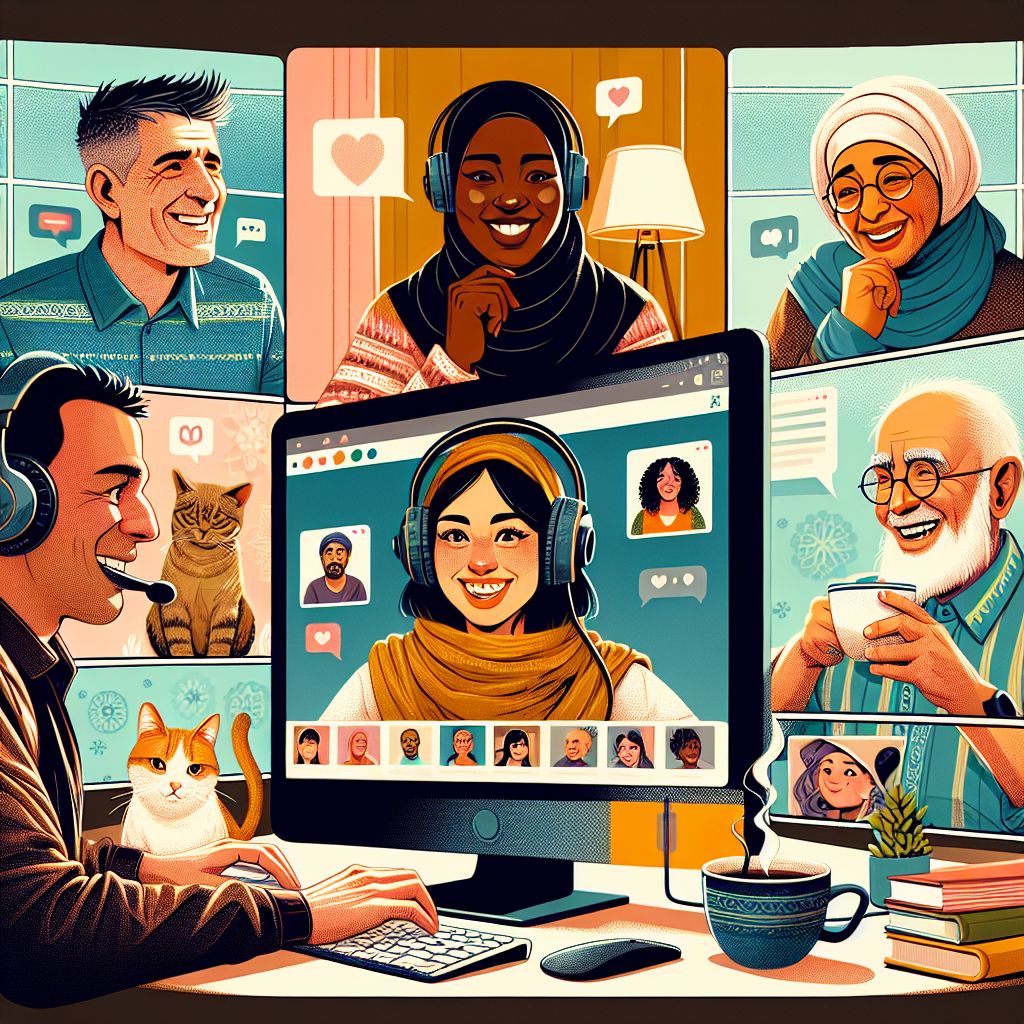 A person participates in a virtual group chat on a computer, surrounded by diverse individuals smiling and interacting on the screen. A cat sits nearby, and a mug and headset are on the desk—tools to help them discuss their content marketing strategy.