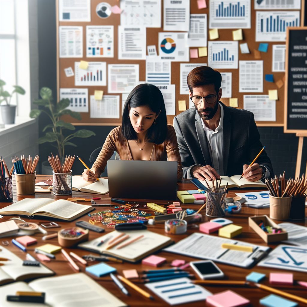 Two individuals work at a cluttered desk with a laptop and notebooks, surrounded by office supplies and home improvement charts pinned on a wall in the background.