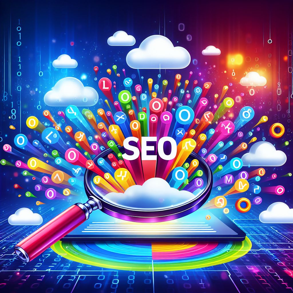 Colorful digital illustration of an SEO concept, featuring a magnifying glass, various icons, and vibrant graphics symbolizing data, keywords, and online search on a futuristic background. The artwork subtly integrates content marketing elements to highlight the importance of quality content in SEO strategies.