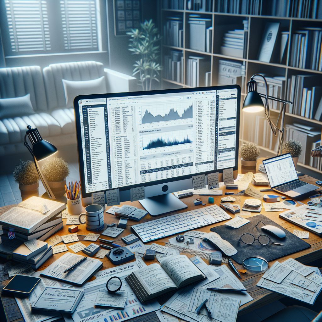 A cluttered workspace featuring multiple open books, documents, stationery, and two computer screens displaying charts and spreadsheets—perfect for tackling home improvement projects or managing content marketing strategies efficiently.