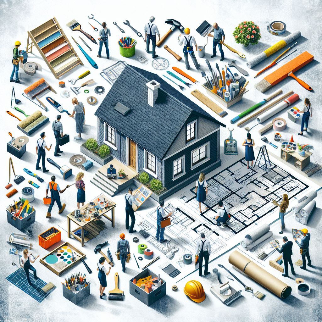 Illustration of various home improvement activities around a house, featuring people with tools, blueprints, paintbrushes, and ladders, symbolizing different aspects of renovation services.