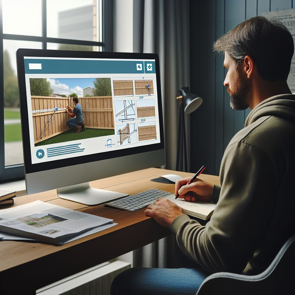 A man sits at a desk, taking notes and viewing a computer screen displaying instructions on constructing a fence. As he meticulously plans, he also brainstorms content ideas for social media content to share with fellow fence builders.