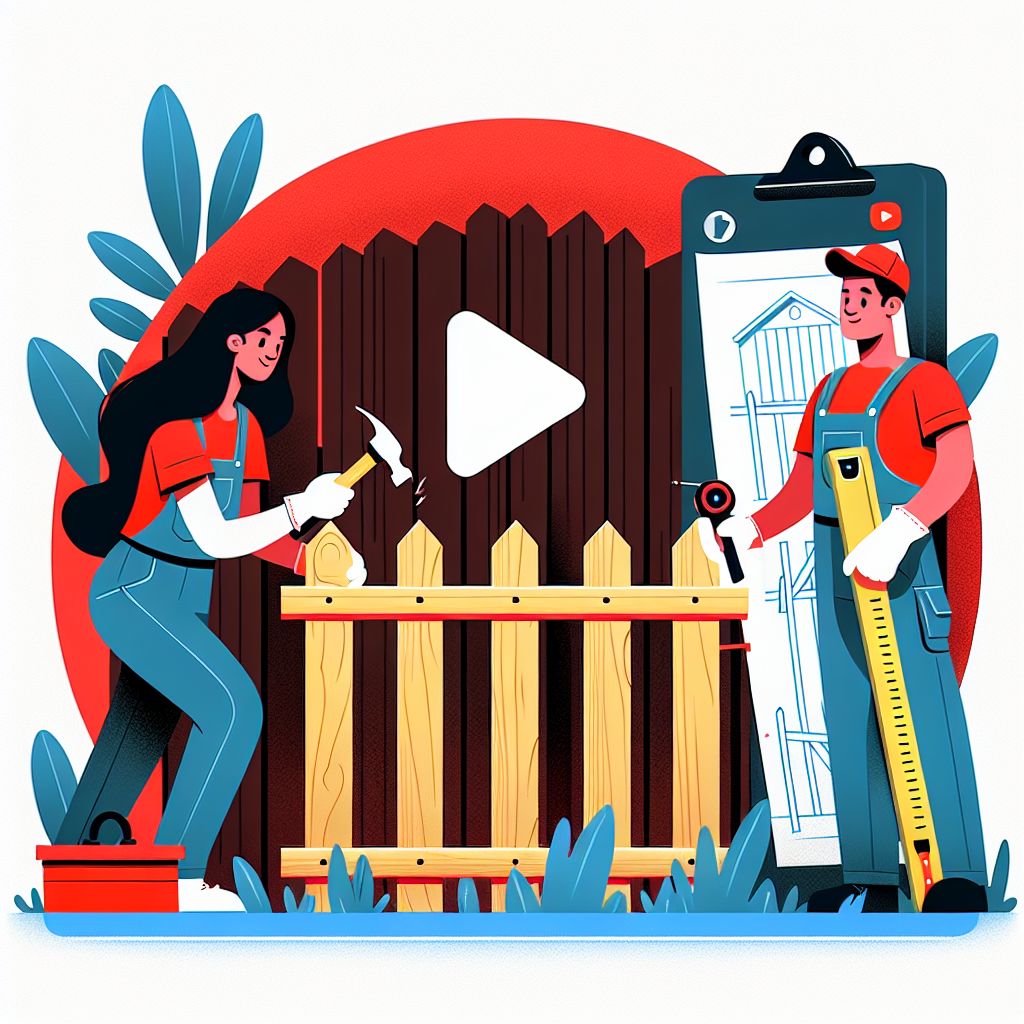 Illustration of two fence builders in red shirts and overalls constructing a wooden fence with tools, in front of a large smartphone displaying fence plans. A play button is visible in the background, hinting at social media content ideas.