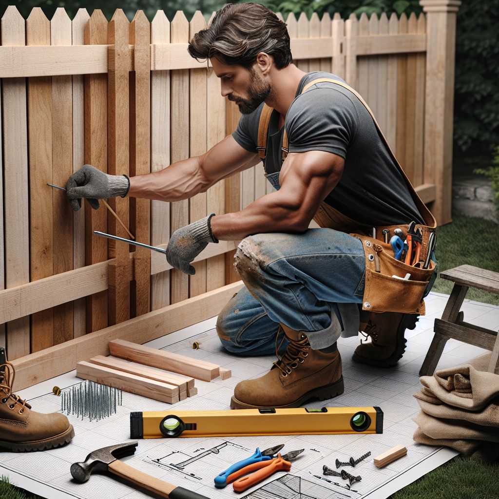 A man in work gloves and overalls kneels next to a wooden fence, using a screwdriver to secure a plank. Tools, nails, and a measuring level are spread out on a construction plan in front of him—perfect content for social media showcasing skilled fence builders at work.