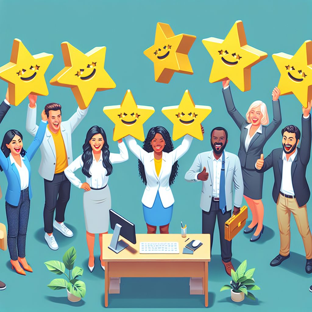 A diverse group of professionals stands around an office desk, celebrating and holding large yellow stars with smiley faces above their heads, symbolizing their 5-Star Reputation. Plants and office supplies are scattered on the desk.