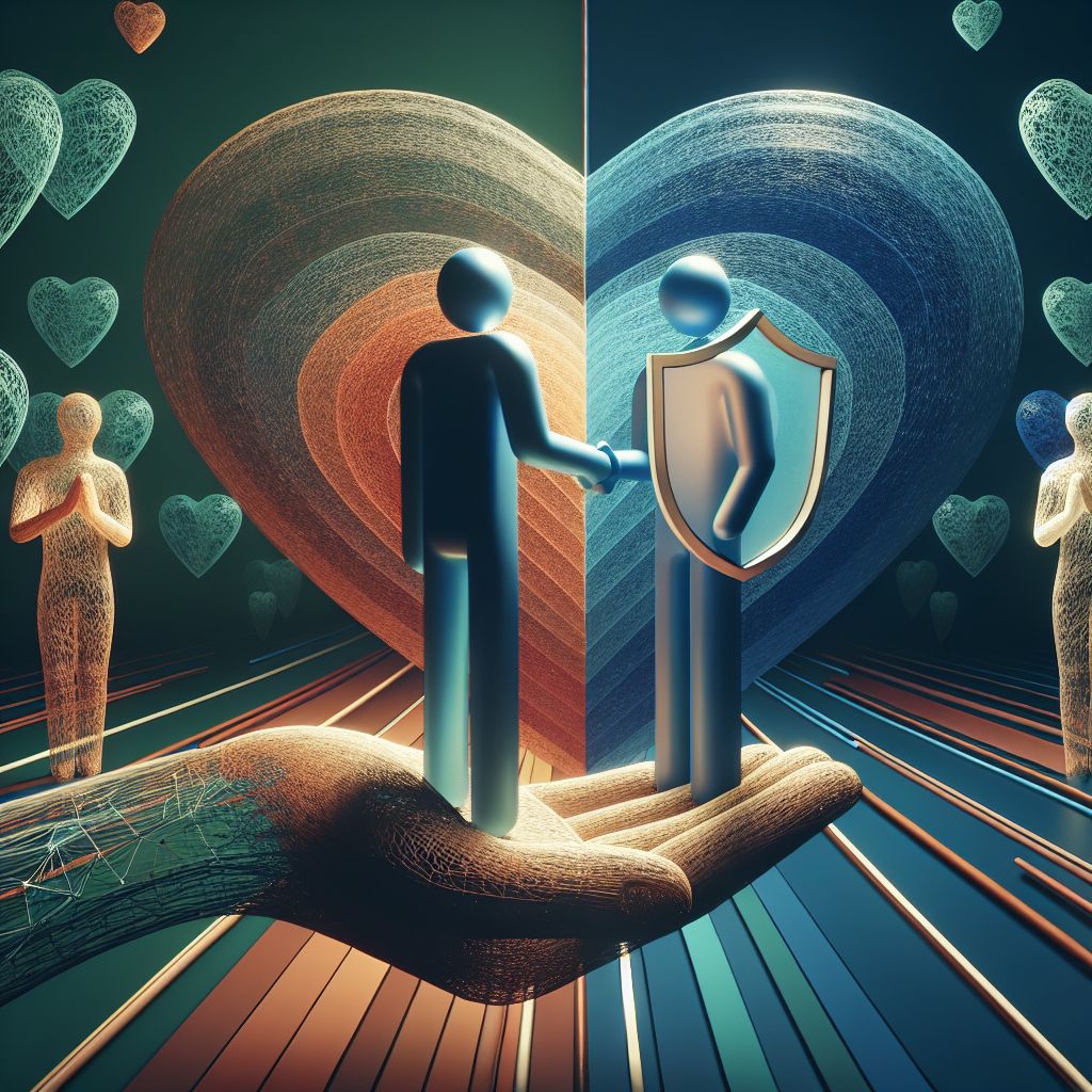 Two stylized human figures shake hands, one holding a shield, standing on a large hand. The background features interwoven heart shapes with abstract human silhouettes and lines, symbolizing businesses fostering connections.