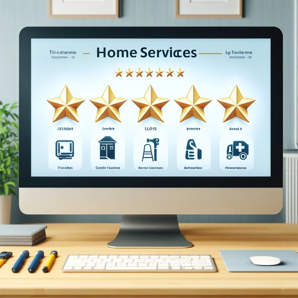 A computer monitor displays a five-star rating for various home services, showcasing the business's 5-star reputation. Icons and labels represent different service categories in this bright room setup, complete with stationery on a wooden desk—an ideal marketing touch to attract new customers.