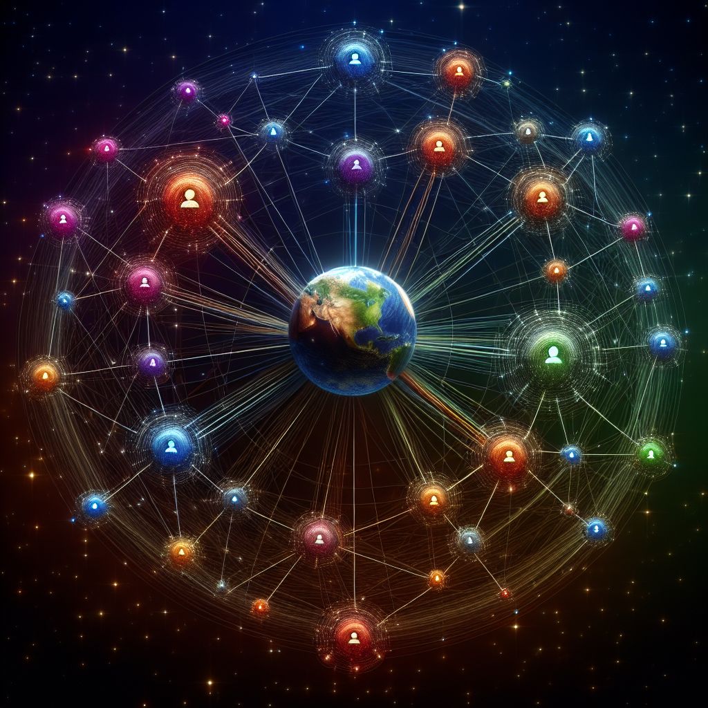 A digital representation of a network connecting individuals around the globe, with the Earth at the center, illustrating global communication and interconnectedness—a powerful tool for attracting new customers and enhancing 5-star reputation in marketing.