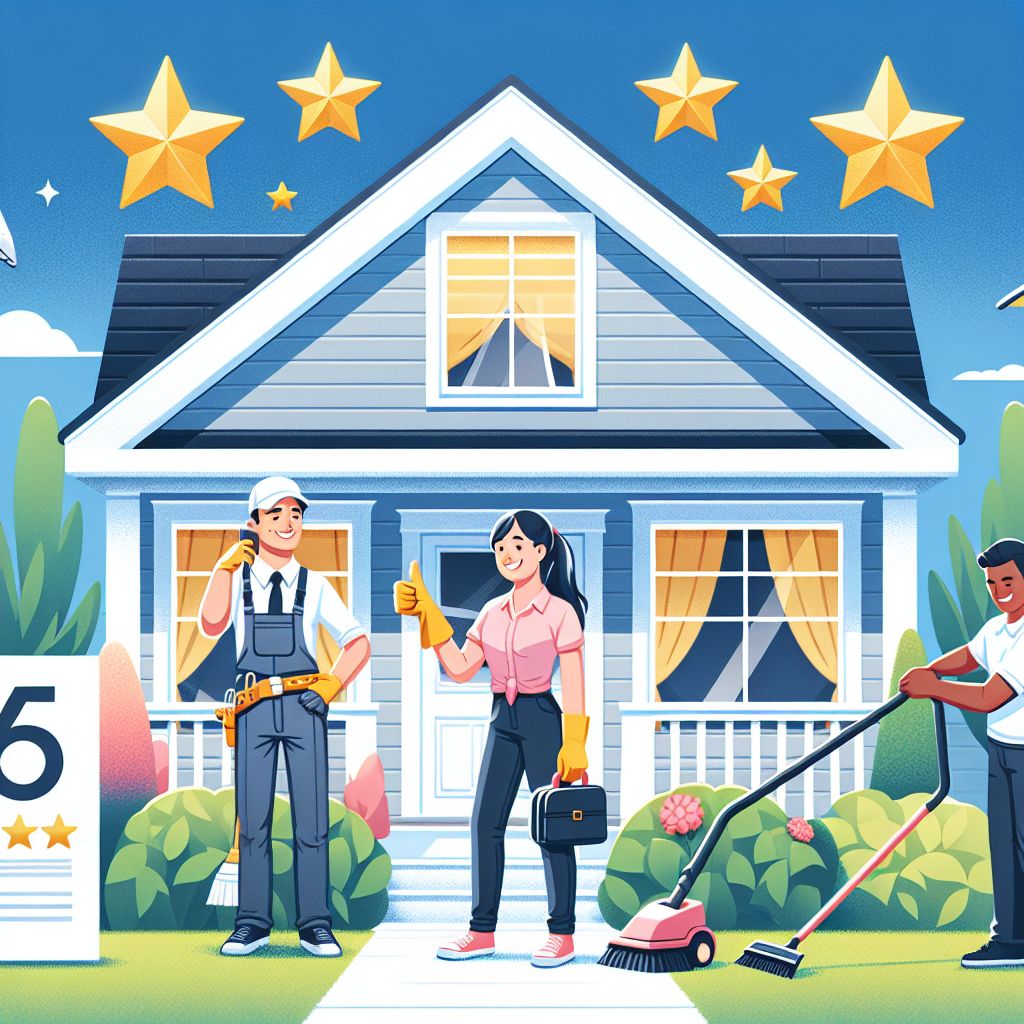 Illustration of a well-maintained house with three characters: a handyman, a woman with a clipboard giving a thumbs up, and a person mowing the lawn. A sign in the yard highlights the 5-star reputation they’ve earned, aiming to attract new customers through excellent service and savvy marketing.