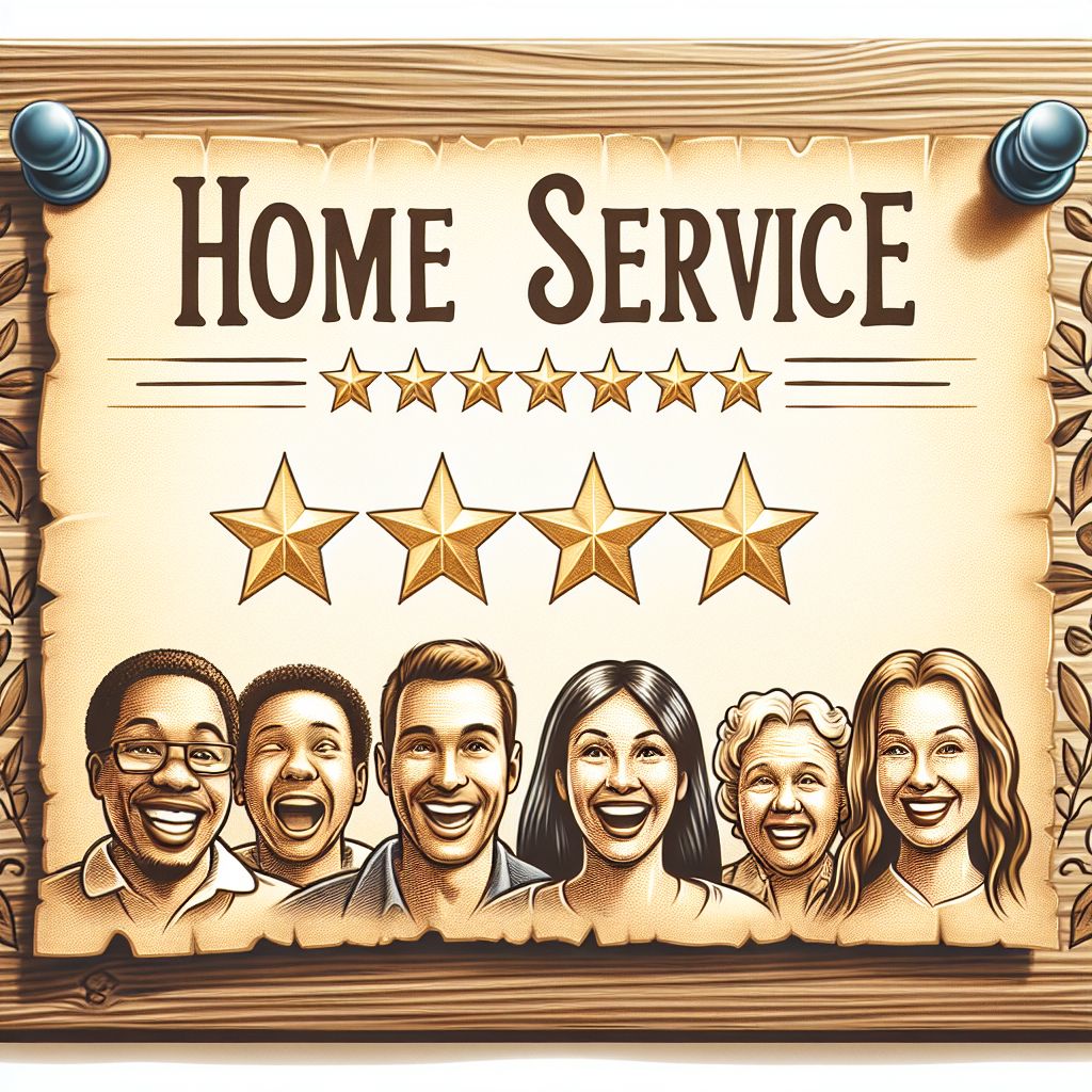 Illustration of six diverse smiling people below a sign reading "Home Service" with five gold stars, showcasing a 5-Star Reputation that helps attract new customers.