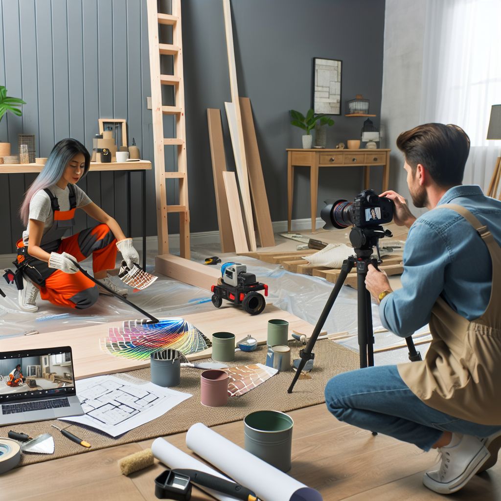 A woman and man are in a room, possibly working on an interior design project. She holds a color palette near various tools and paint buckets, while he photographs the scene using a camera on a tripod, clearly focusing on content creation for their latest SEO strategy.