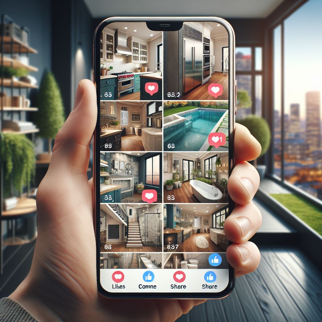 A hand holds a smartphone displaying a social media app with photos of a luxurious home, including a kitchen, living room, pool, bedrooms, and bathroom. The post highlights link building opportunities alongside likes, comments, and share options visible for enhanced content creation and SEO benefits.