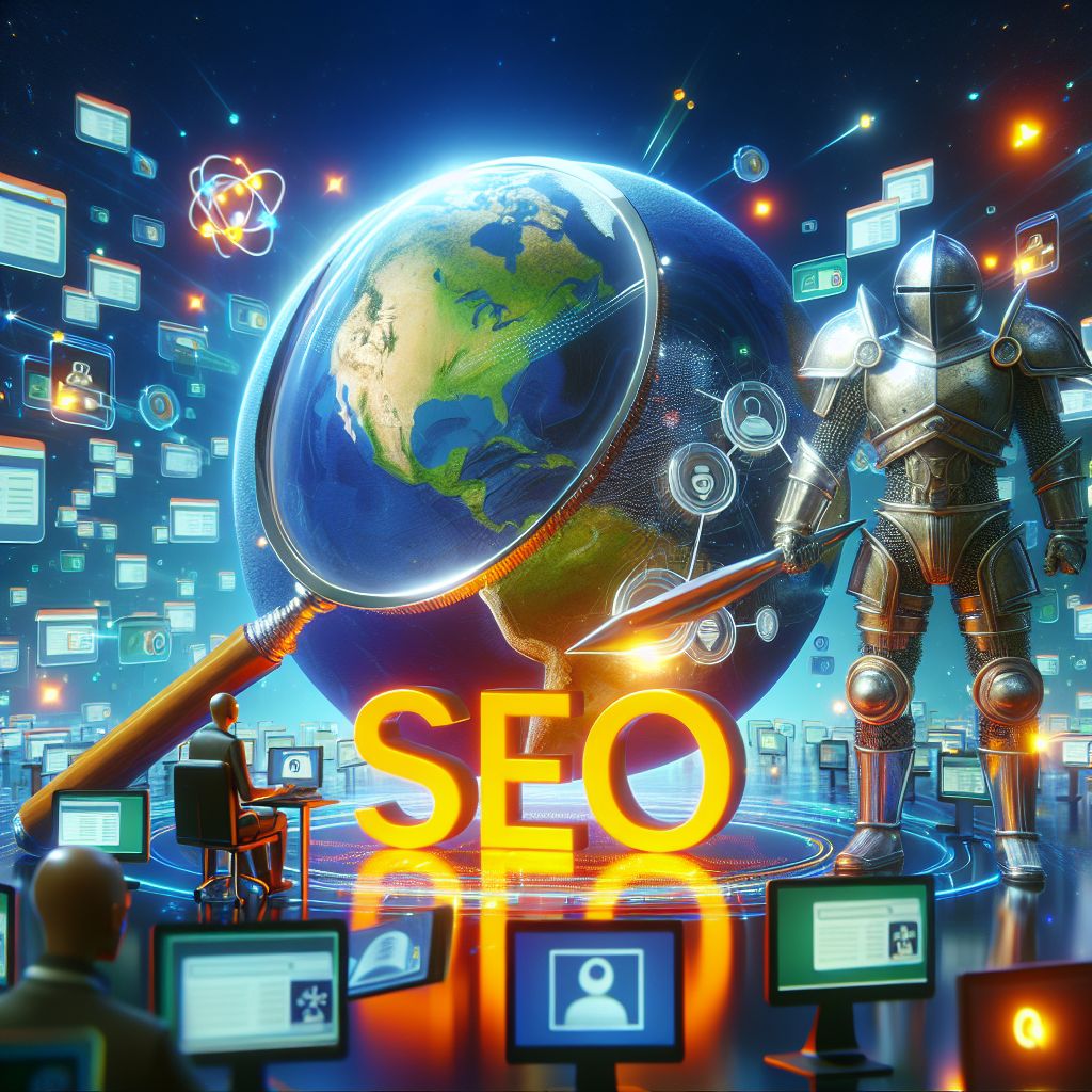 A large magnifying glass hovers over a digital globe displaying Earth, surrounded by icons and networks. The letters "SEO" are prominent in the foreground with human and robot figures nearby on computers, emphasizing the importance of link building in modern digital strategies.