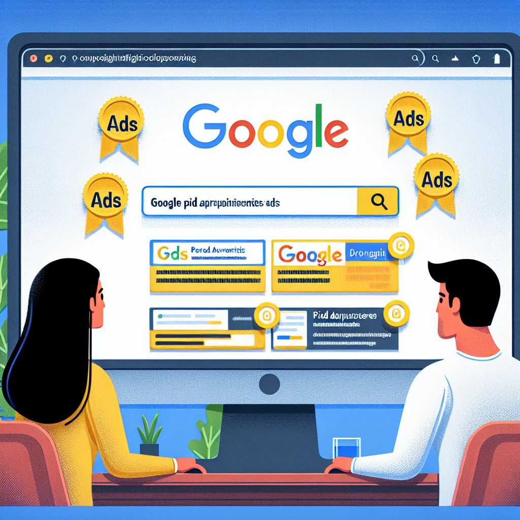 Two people facing a computer screen displaying a Google search page with highlighted paid ads, evaluating the effectiveness of content marketing in comparison.