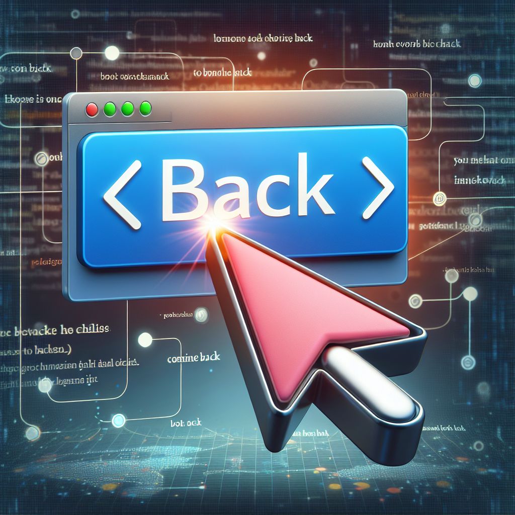 A large pink 3D cursor points to a blue "Back" button on a website interface with a digital background featuring code snippets, highlighting essential SEO strategies for businesses.