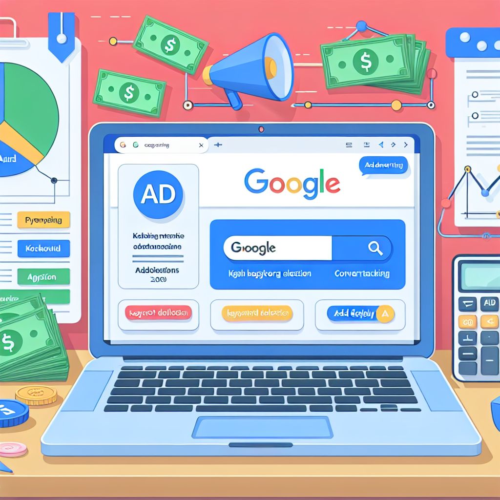 A laptop displays a Google Ads interface on its screen. Surrounding the laptop are flying dollar bills, charts, a megaphone, and a calculator, representing digital marketing and paid ads for effective online advertising.