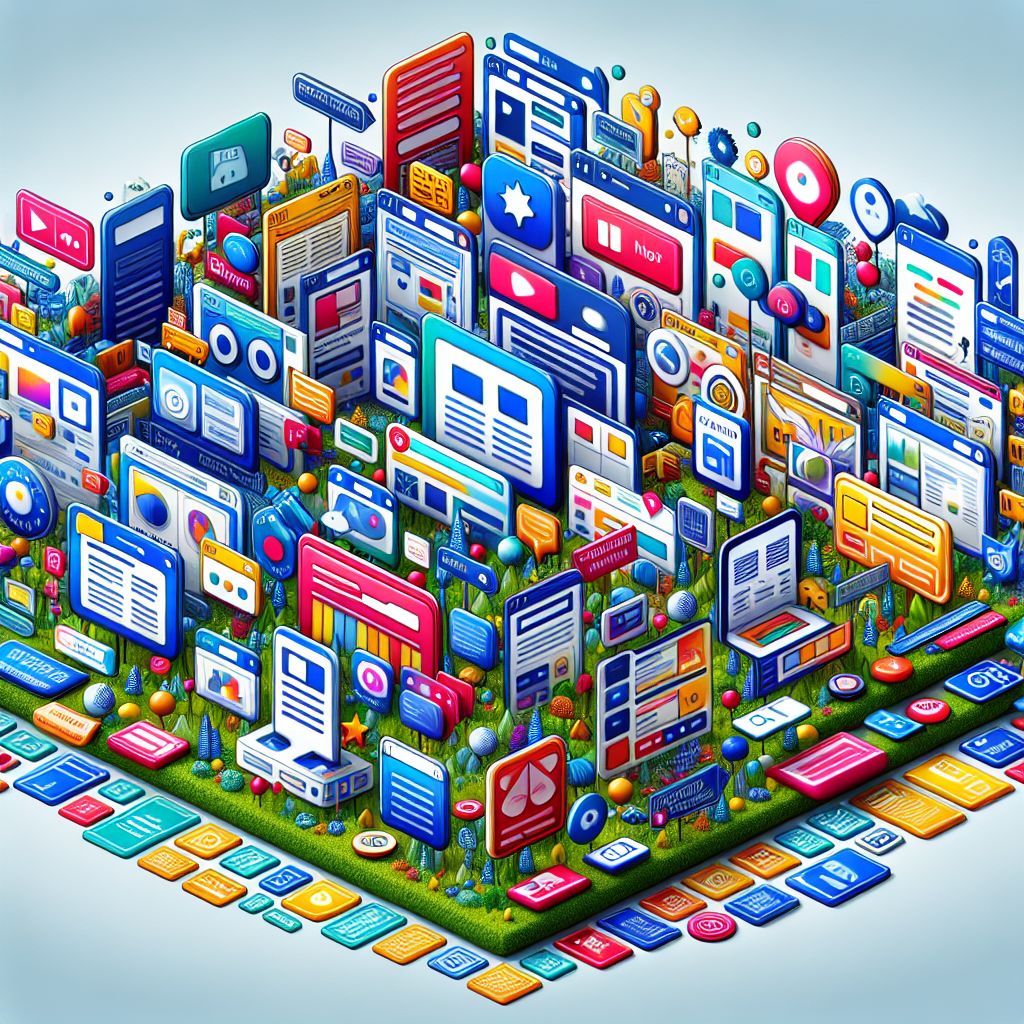 A vibrant digital cityscape with numerous colorful icons and interface elements representing various applications, online services, and paid ads, set against a light blue background.