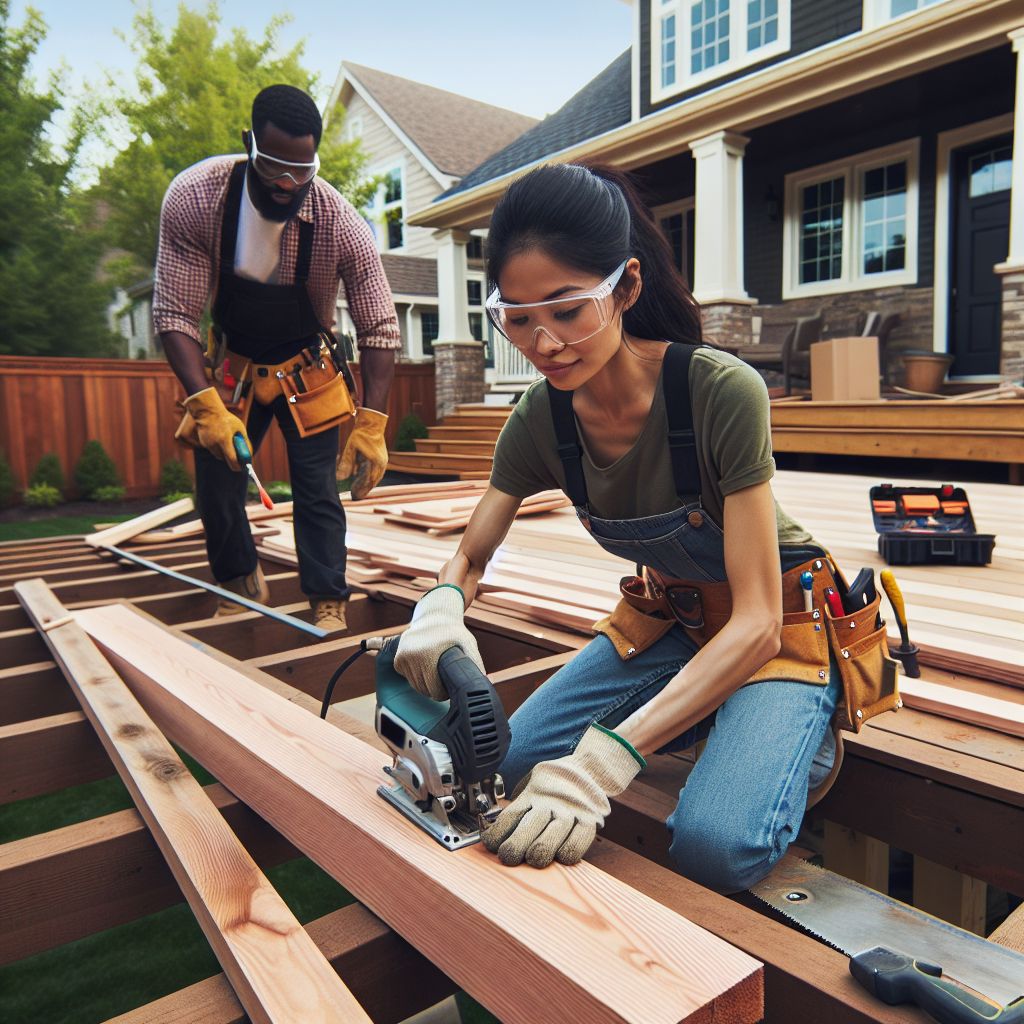 Two people, wearing safety gear and tool belts, collaborate on a home improvement project by building a wooden deck outdoors. One uses a circular saw to cut wood, while the other holds a measuring tape. Houses and trees serve as the backdrop for this relevant content scene.