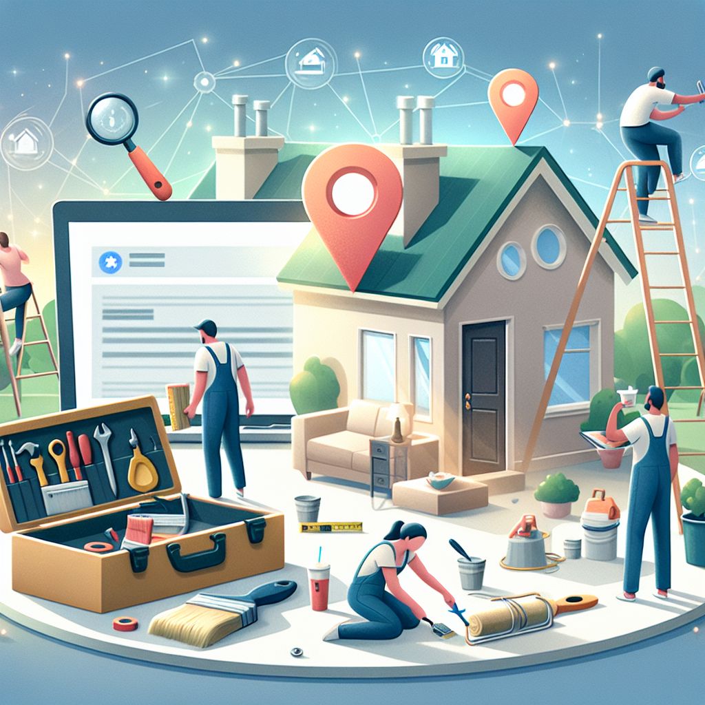 Illustration of people performing various home improvement tasks around a house, with a toolbox and laptop in the foreground, featuring location pins and icons representing connectivity and relevant services.