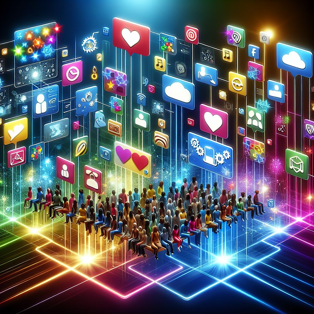 A crowd of people seated in front of a display of various colorful social media and technology icons, including hearts, clouds, gears, and more, against a vibrant, illuminated background—perfect for those crafting content that's visually engaging.