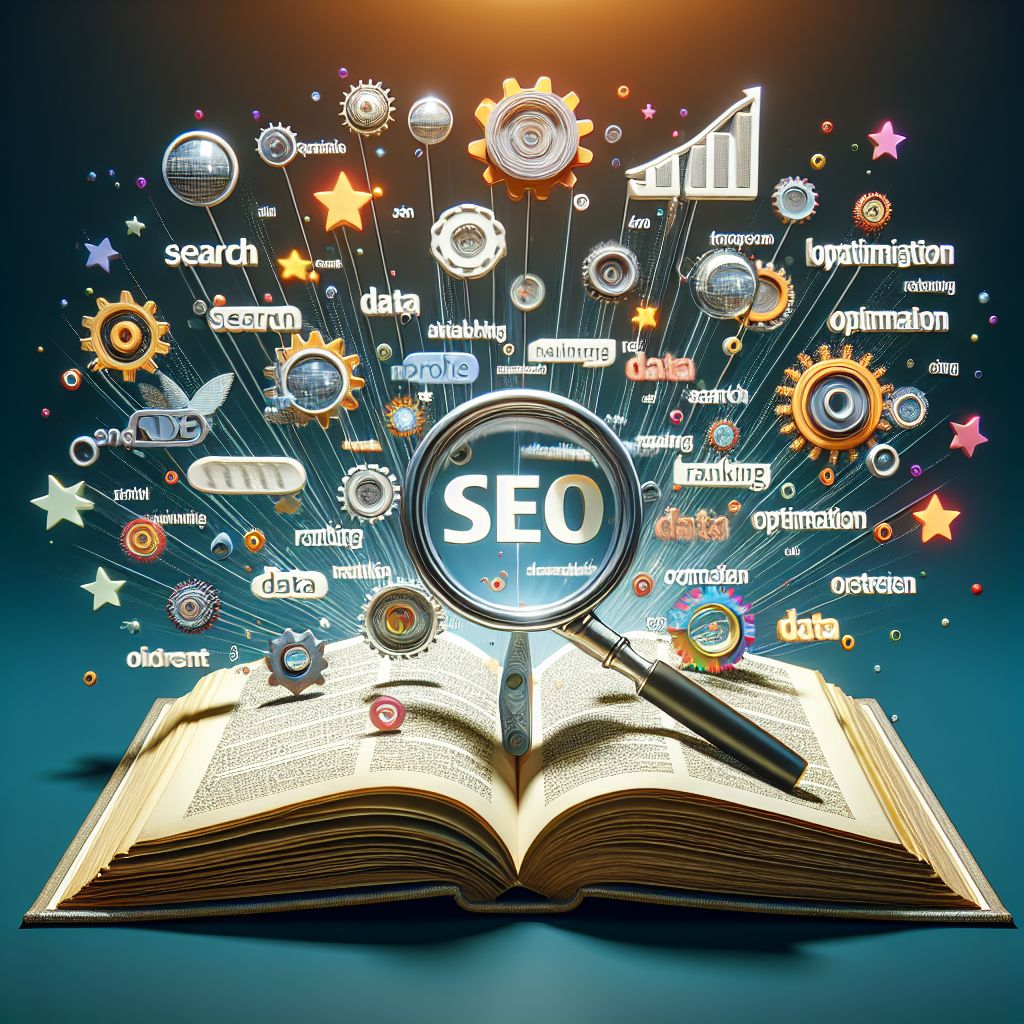 An open book with a magnifying glass showing "SEO" at the center. Various SEO-related terms and icons burst out from the book, symbolizing digital marketing concepts and strategies like Content Marketing, promising better online visibility.