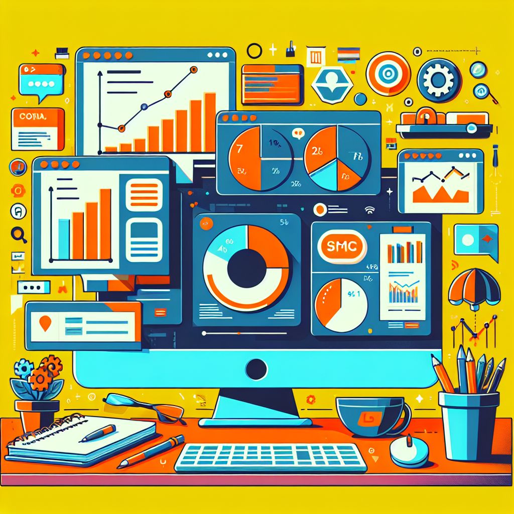 A desktop computer displays various charts, graphs, and data analytics dashboards essential for SEO strategies. The workspace includes a coffee cup, notepad with a pen, and office supplies against a bright yellow background.