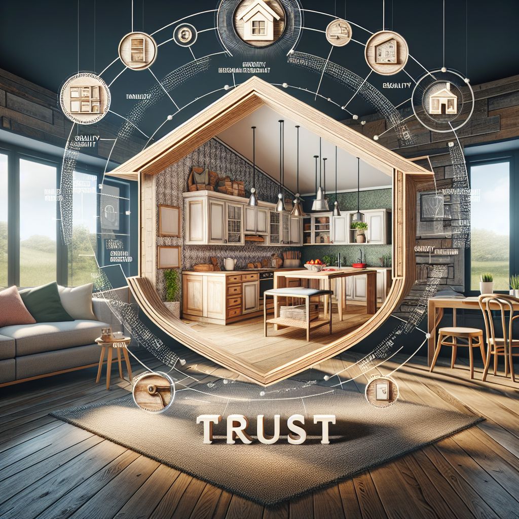 A modern kitchen and living room are framed by a large wooden hexagon with the word "TRUST" below. Various icons and words related to design, quality, and content marketing surround the scene, creating a better visual experience that aligns perfectly with SEO strategies.