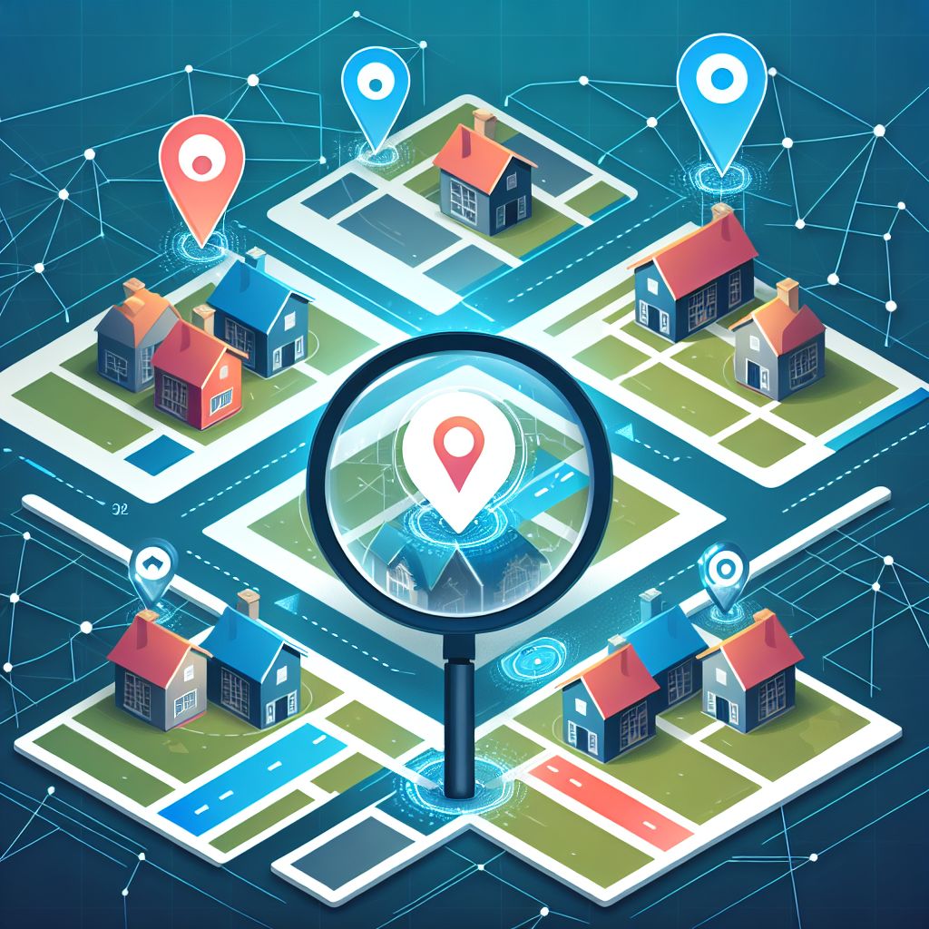 Illustration of a neighborhood map with houses and location pins. A magnifying glass highlights a specific house, emphasizing location tracking, navigation, and local SEO tactics.