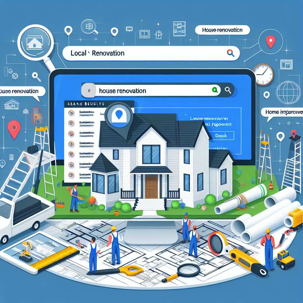 Illustration of a home improvement concept with a tablet displaying a search for "house renovation," surrounded by tools, blueprints, and miniature people working on various construction tasks.