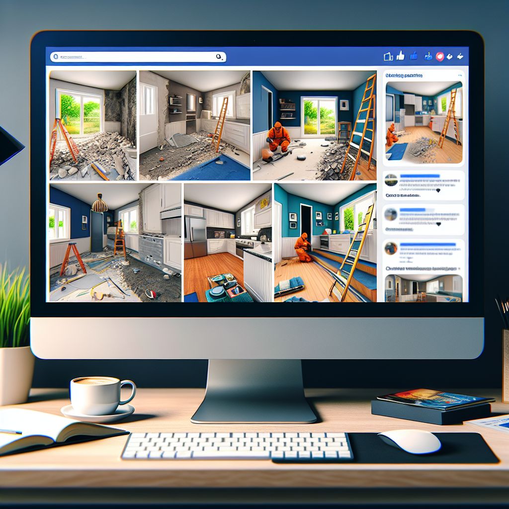 A computer screen displaying a social media page with photos of a home renovation in progress. The desk below holds a cup of coffee, a notepad, pens, and a small plant. Perfect for home improvement businesses aiming to enhance their online presence through local SEO strategies.
