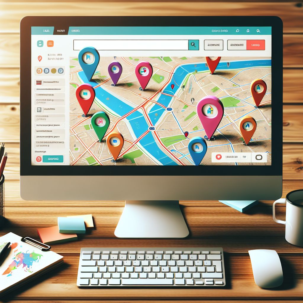 A computer screen displaying a map with multiple colorful location markers, useful for businesses focusing on Local SEO. A keyboard and mouse are placed in front, with scattered office supplies on the wooden desk.