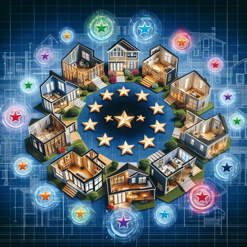 A circular arrangement of various house interiors and exteriors surrounding a central circle with golden stars, perfect for showcasing home improvement businesses. The background features blueprints and colorful star icons, subtly highlighting effective SEO tactics.