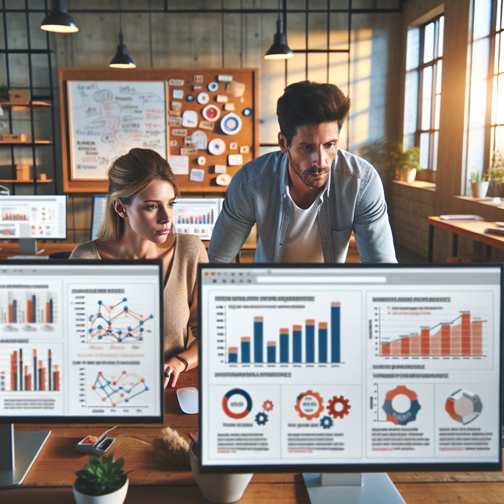 Two people analyze data on computer screens displaying various charts and graphs in a modern office. A whiteboard with diagrams is visible in the background, highlighting how marketing analytics tools can benefit home improvement businesses.