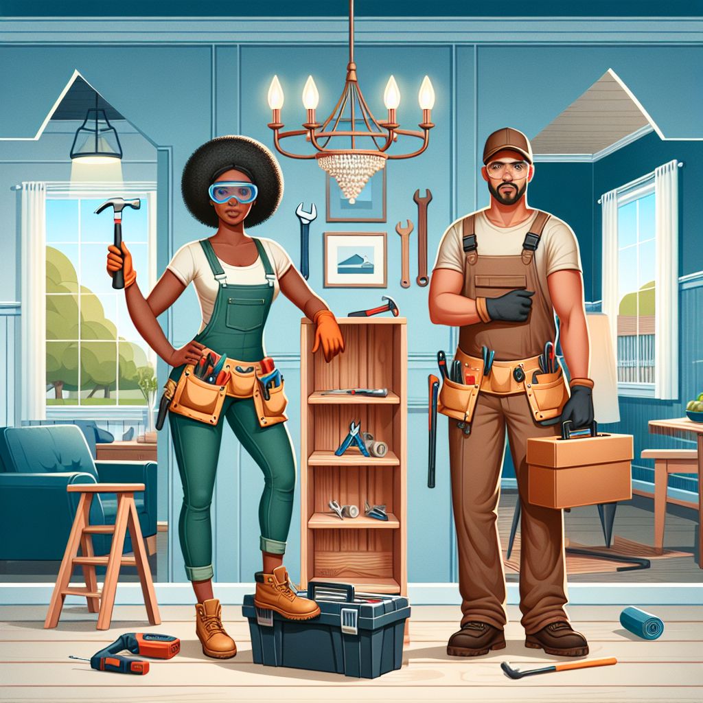 Two handymen wearing overalls stand in a home interior with tools. One holds a hammer and wears goggles, the other carries a toolbox. Behind them is a shelf with tools, showcasing the essence of home improvement businesses.