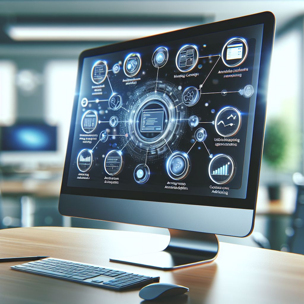 A desktop computer screen displays a complex digital interface with multiple interconnected icons, situated on a wooden desk in a modern office environment, perfect for business operations and marketing analytics.