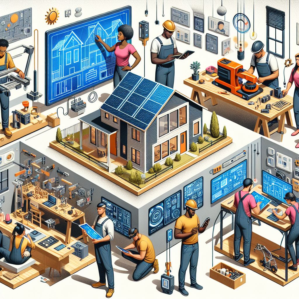 Illustration of diverse individuals working on a smart home project, featuring blueprints, solar panels, 3D printing, and technical devices. The scene showcases various stages of modern home construction and innovation—perfect inspiration for home improvement businesses looking to elevate their offerings.