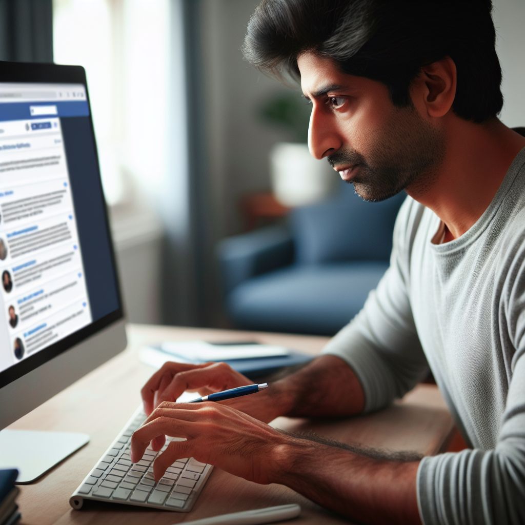 A person is focused on typing at a computer keyboard. A screen in front of them displays a social media website, while they meticulously draft a how-to video on business strategies.