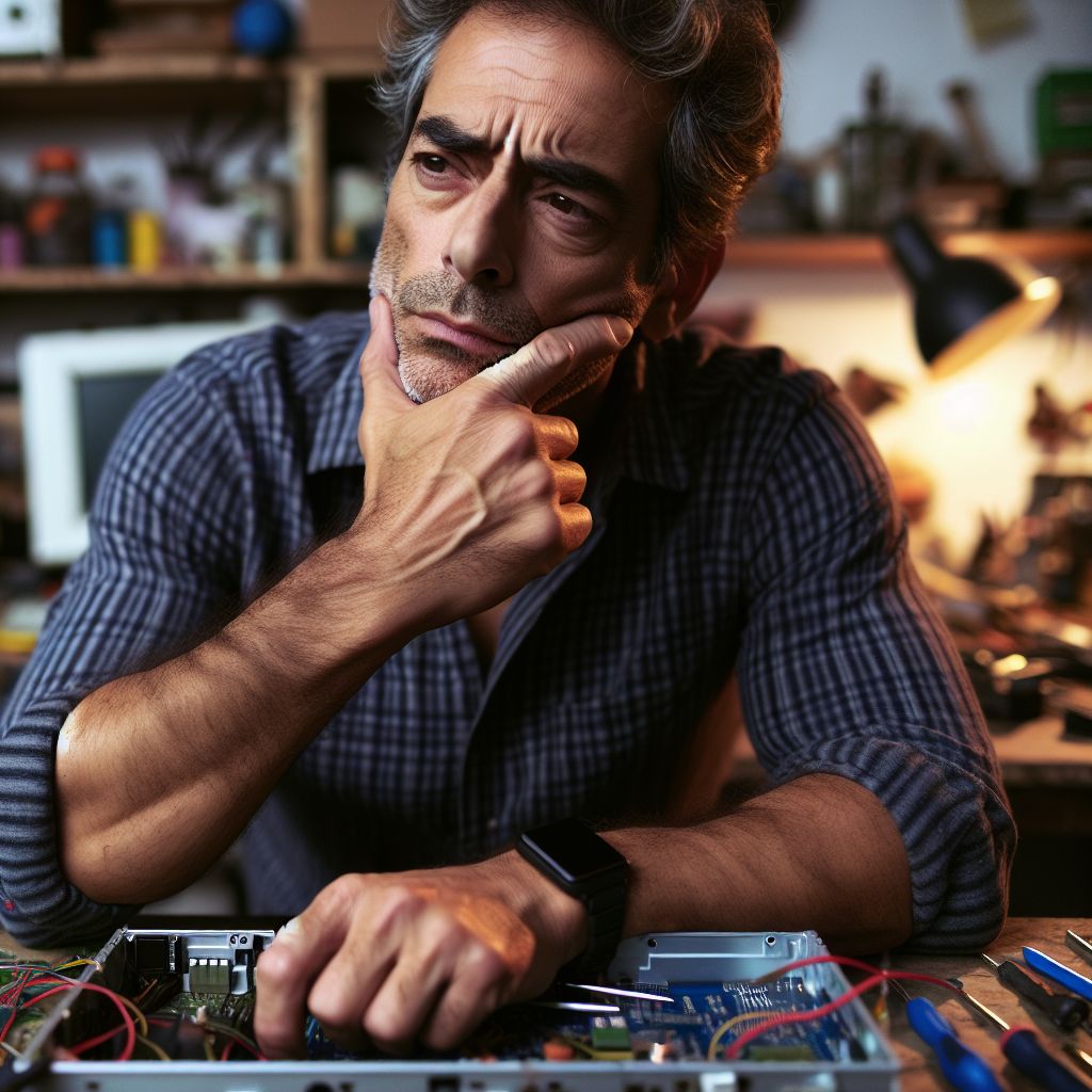 A man with a gray beard and serious expression ponders over circuit boards and electronic components in his workshop, much like an expert in content creation meticulously crafting the perfect article.