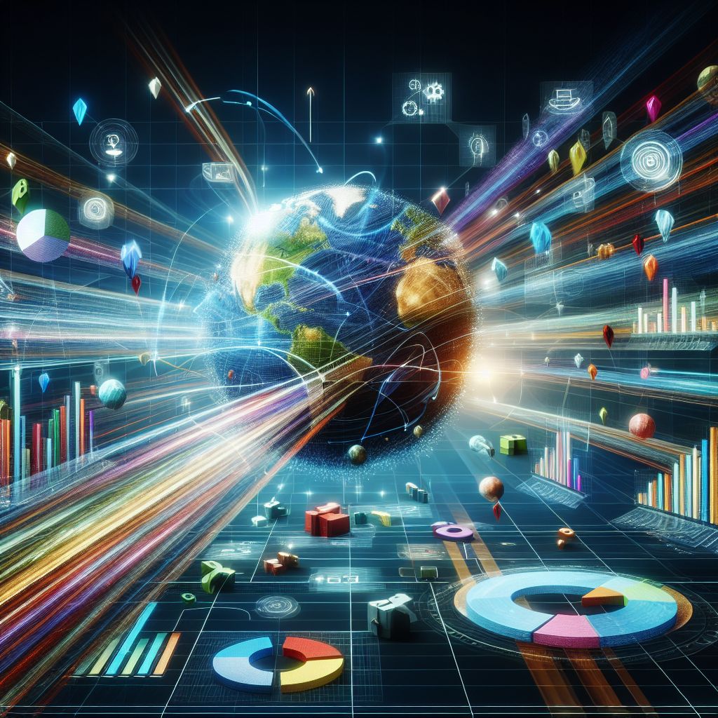 A digital illustration of a globe surrounded by data visualizations, charts, graphs, and icons, representing global data exchange and analysis. Bright lights and lines emphasize connectivity and information flow crucial to businesses thriving on effective SEO strategies.