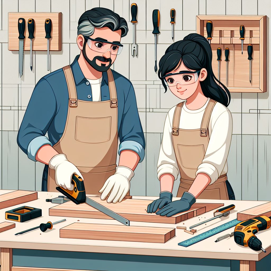 Two people in aprons and safety glasses work on a woodworking project in a workshop, using tools including a measuring tape and electric drill. Various hand tools are hanging on the wall behind them, creating the perfect setup for a how-to video on home improvement.