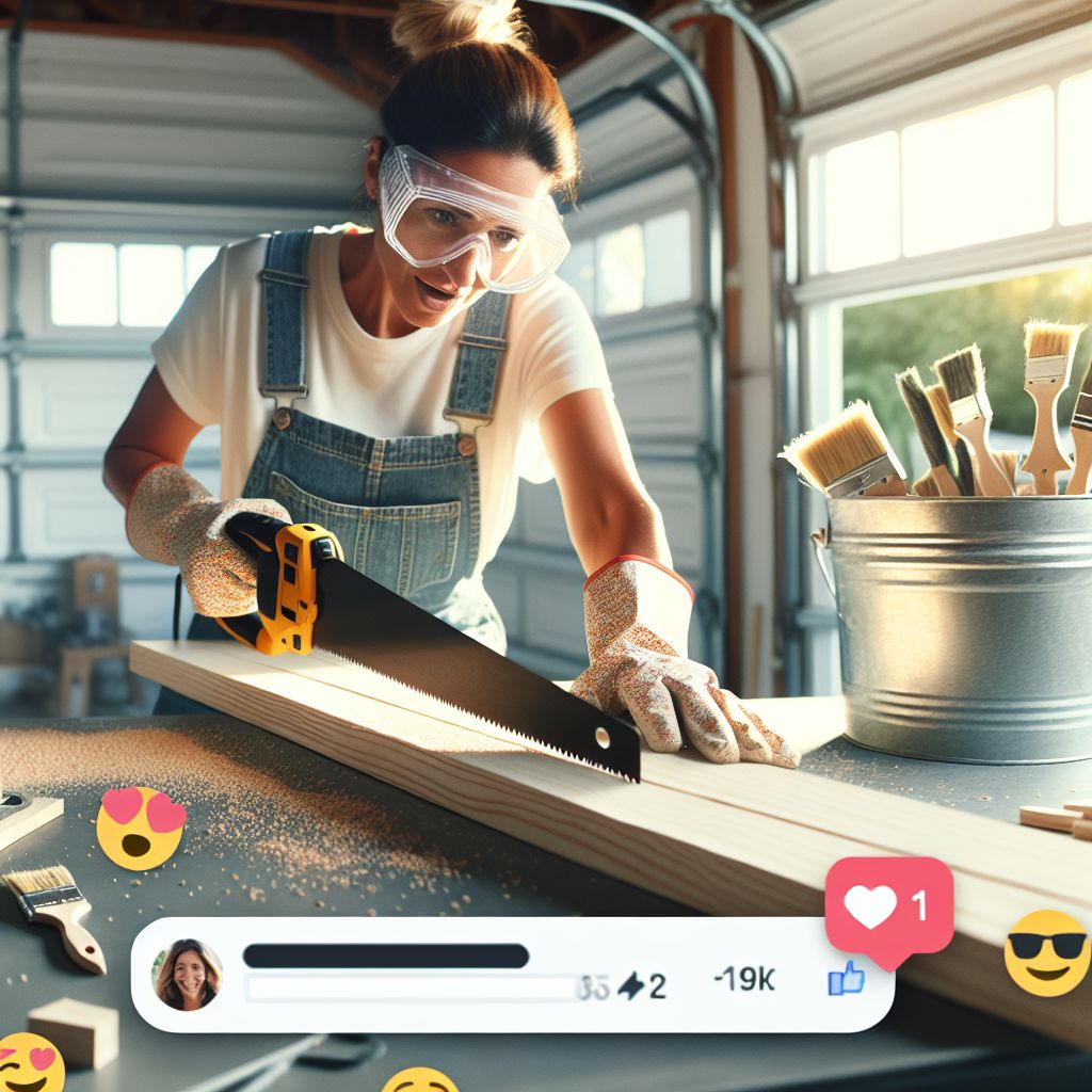 A person in safety goggles and overalls uses a handsaw on a wooden board in a garage, demonstrating techniques for a how-to video on home improvement. Emojis and social media engagement icons are overlaid in the foreground, enhancing viewer interaction.