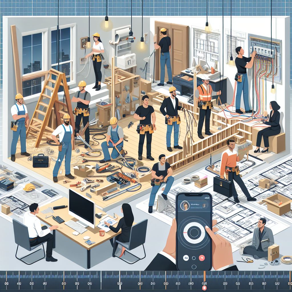 Illustration of a bustling construction scene with workers performing various tasks such as wiring, measuring, and planning. The foreground shows office personnel from a home improvement business reviewing blueprints and using a smartphone to create a how-to video.