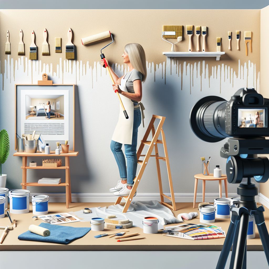 A woman standing on a step ladder paints a wall with a roller in a studio, surrounded by paint cans, brushes, and a camera on a tripod filming her home improvement how-to video.