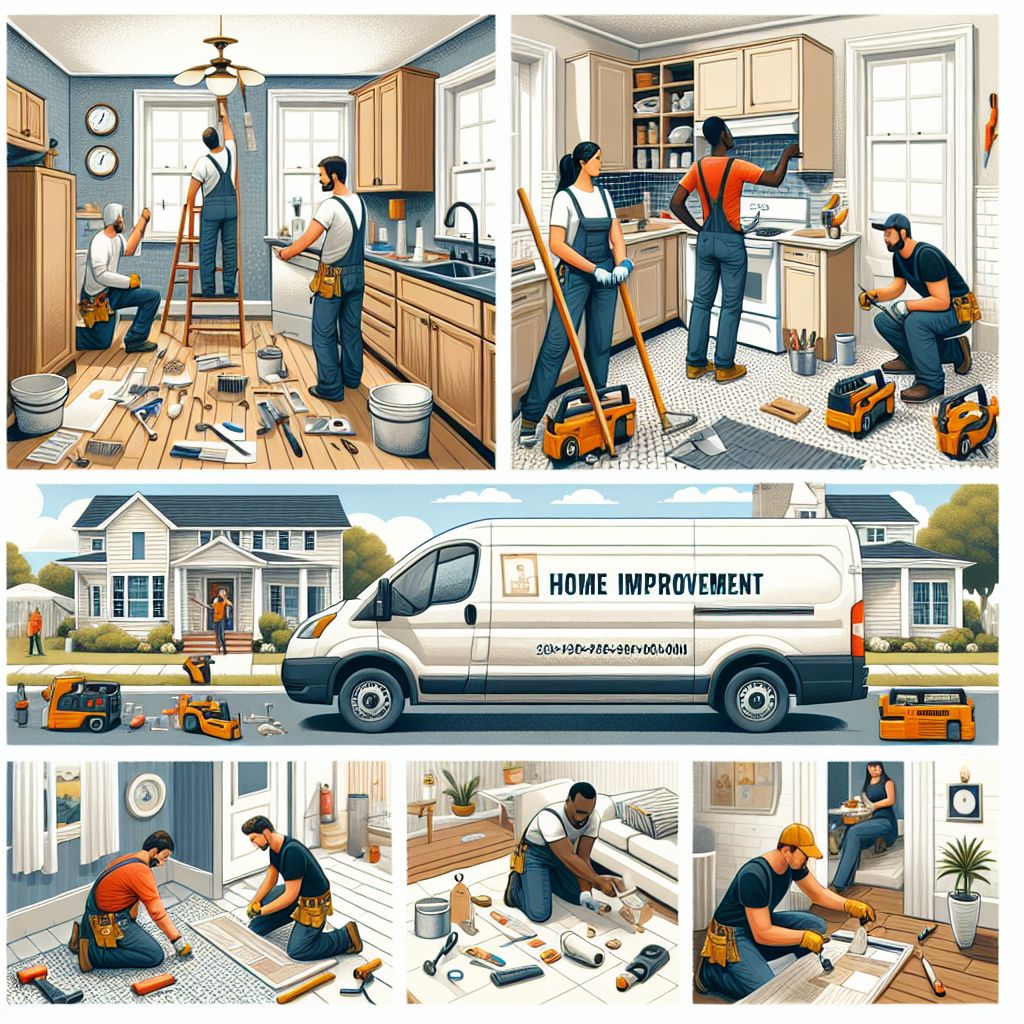 Collage of home improvement scenes: workers installing flooring, fixing cabinets, and painting. A van labeled "Home Improvement" is parked outside a suburban house. Various tools and materials are visible, perfect for a how-to video by your trusted home improvement business.