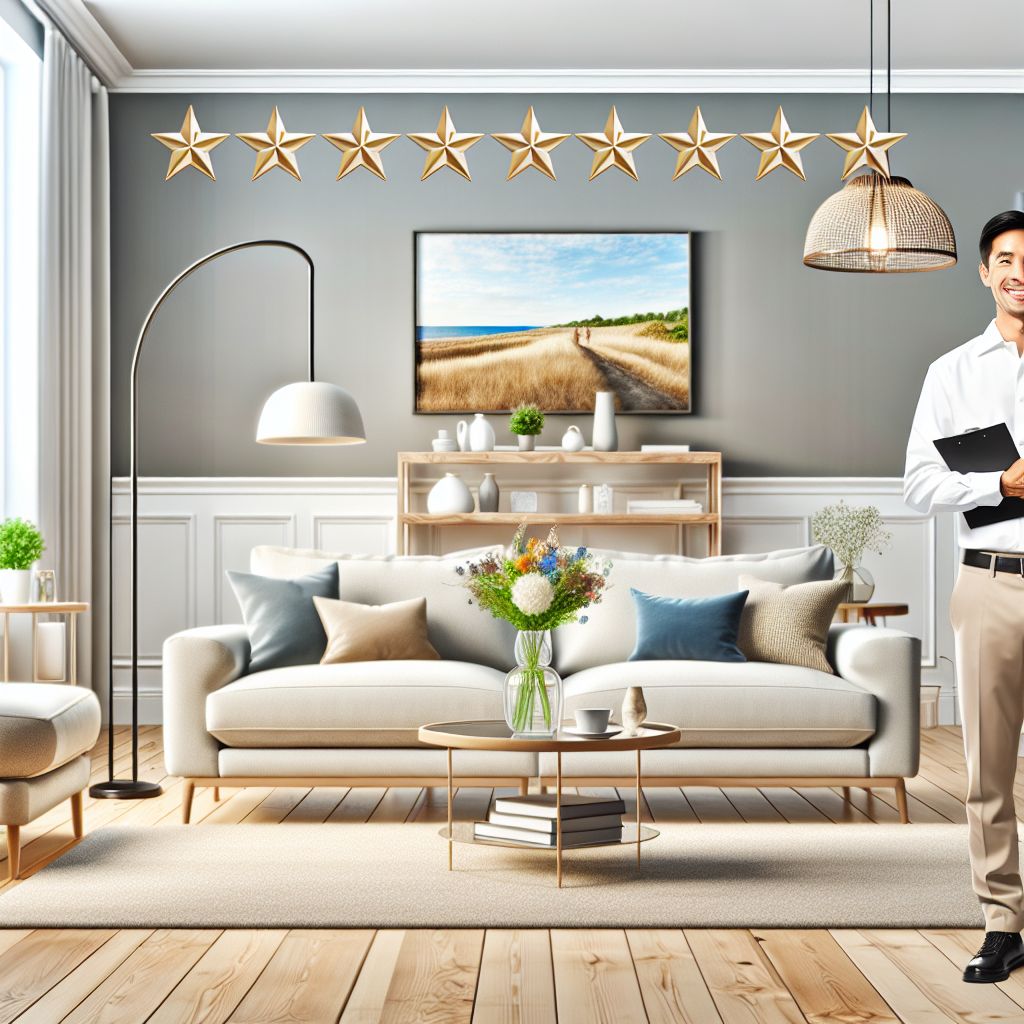 A well-decorated living room with a white sofa, coffee table, and flowers in a vase. A person stands on the right, holding a folder. Seven gold stars are proudly displayed above a landscape painting on the wall, leveraging reviews to attract more customers.