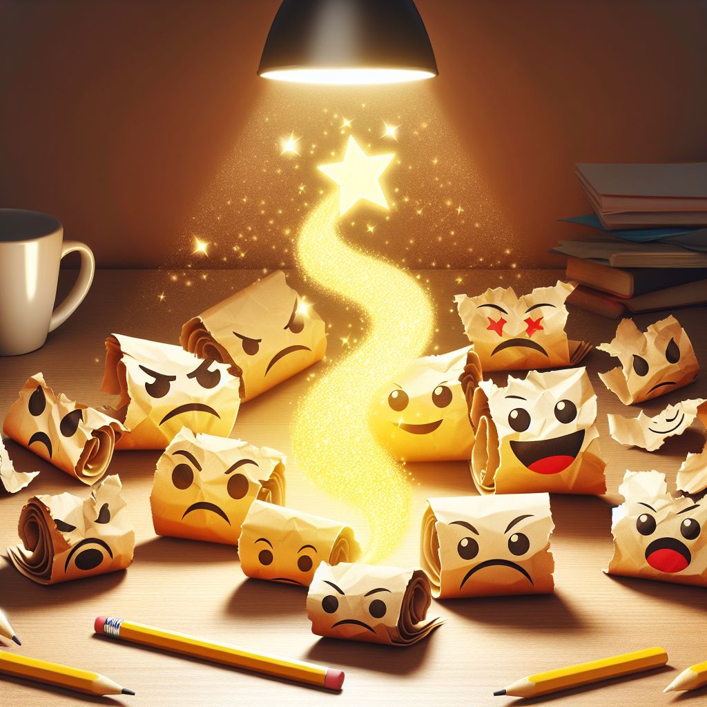 A group of crumpled papers with angry and surprised faces surround a glowing star under a desk lamp, symbolizing negative star reviews. Pencils and a coffee mug sit nearby, suggesting the chance to respond constructively and turn feedback into an opportunity for growth.