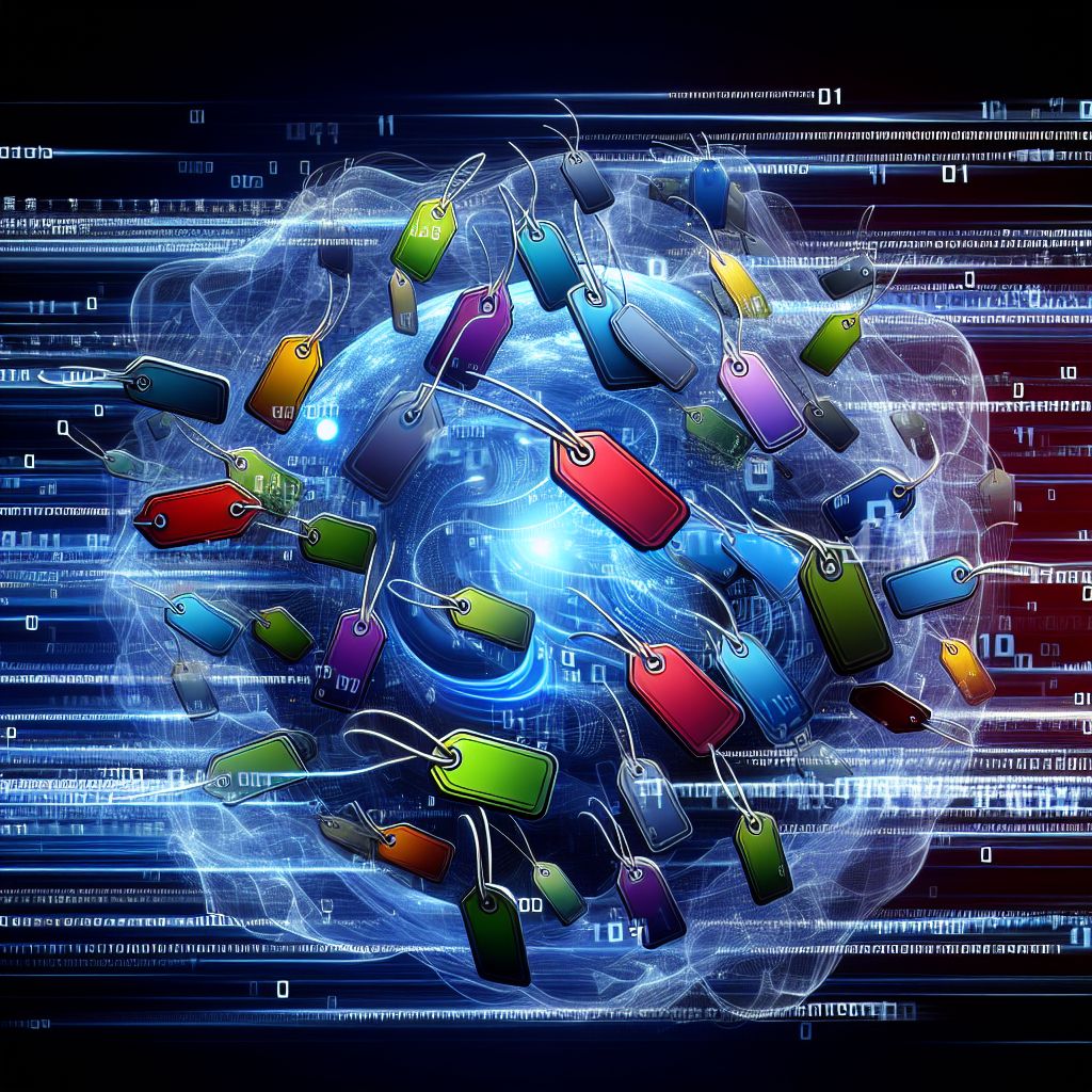 A digital brain with various colorful tags connected to it, surrounded by streams of binary code and data, symbolizing the innovative strategies businesses employ for growth.