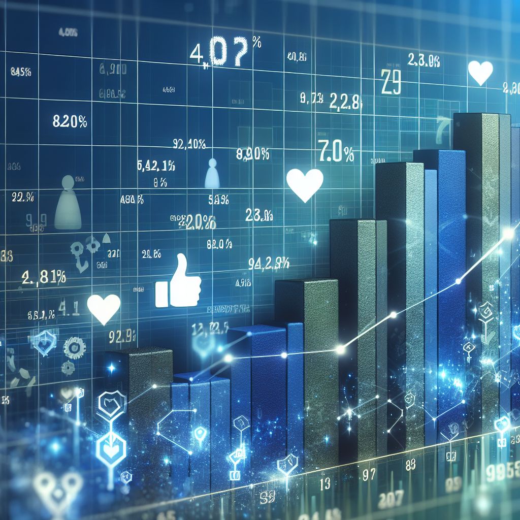 A digital bar graph with various data points, percentages, and social media icons, including hearts and thumbs-up, displayed against a futuristic, blue-toned background, effectively measuring the effectiveness of your content marketing strategy.