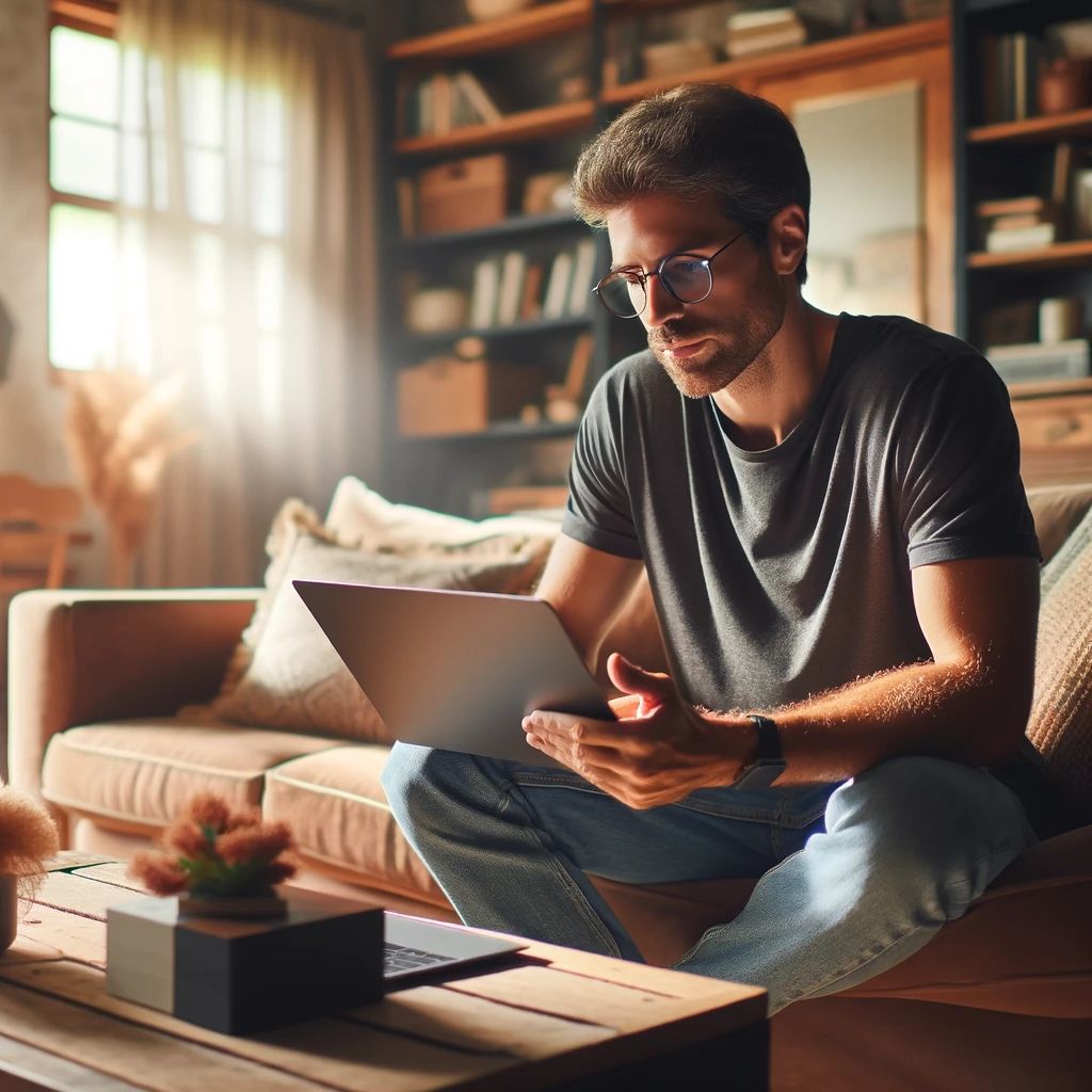 A man with glasses sits on a couch in a well-lit living room, using a laptop to refine his content marketing strategy. A small plant and a book are on the wooden coffee table in front of him. Shelves and a window are in the background.